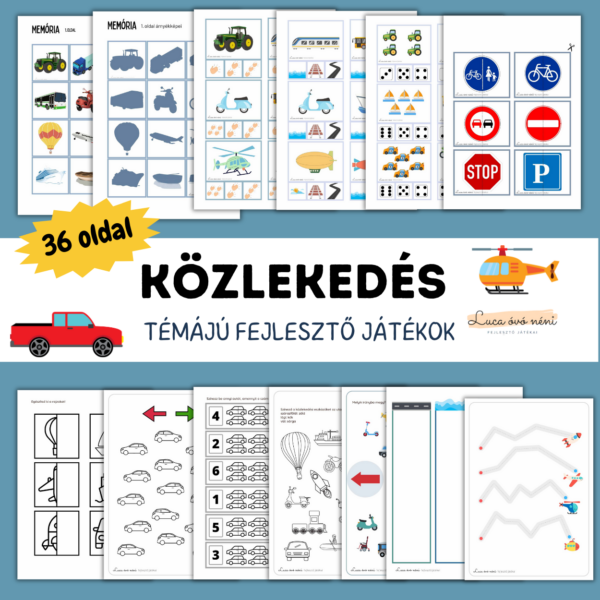 Közlekedéses, járműves fejlesztő játékok, feladatlapok